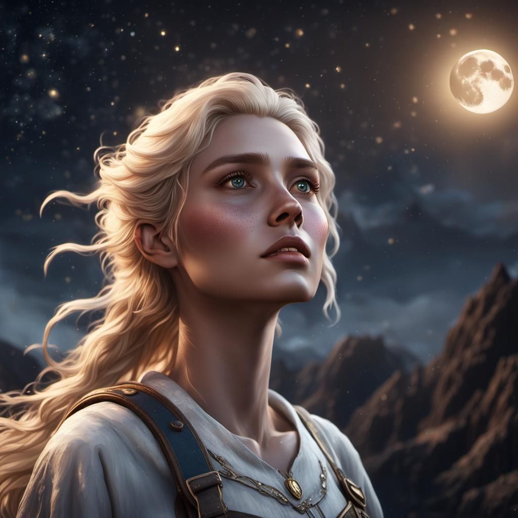 Girl Stares at Moon in Detailed Fantasy Art