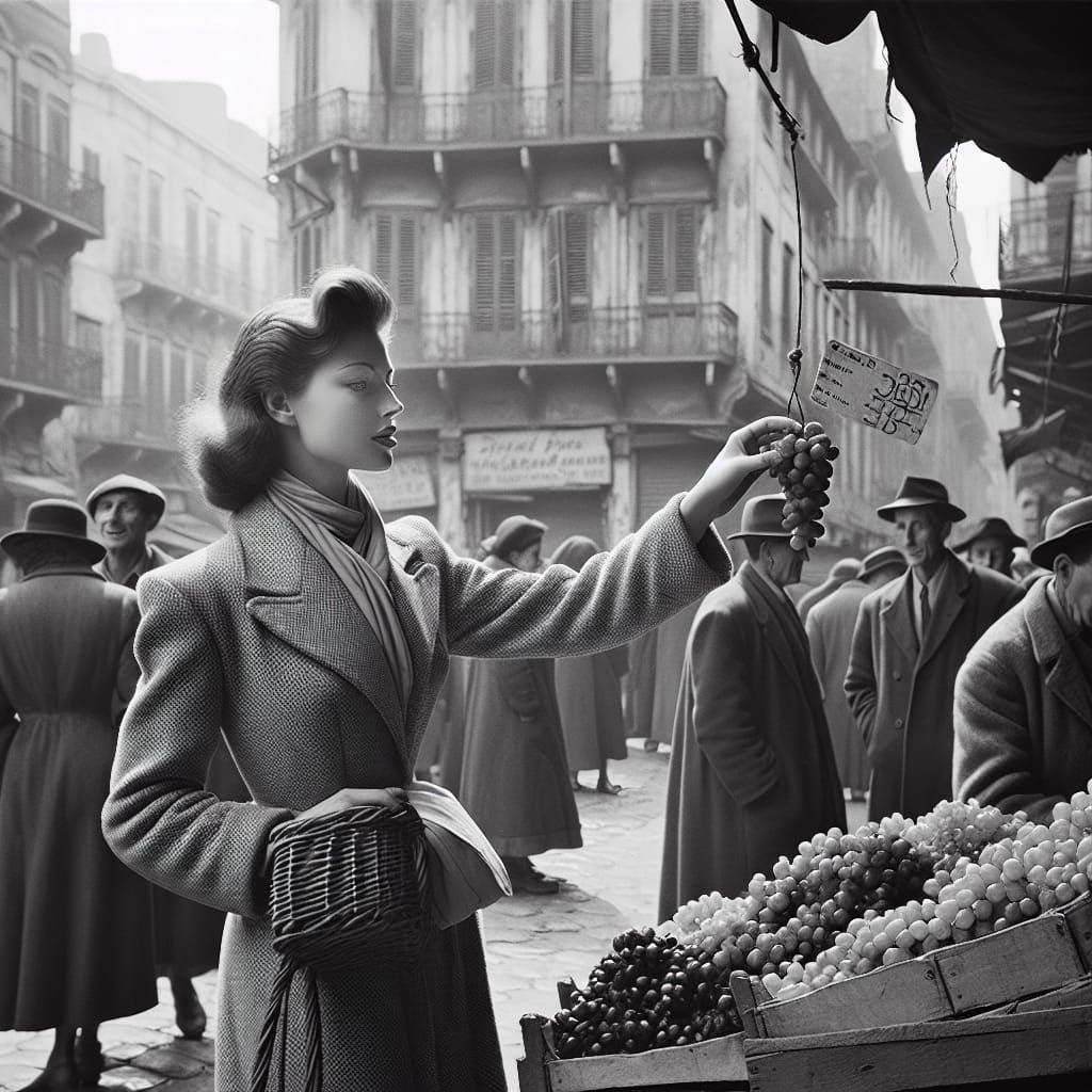 Vintage Black and White Street Scene with Woman