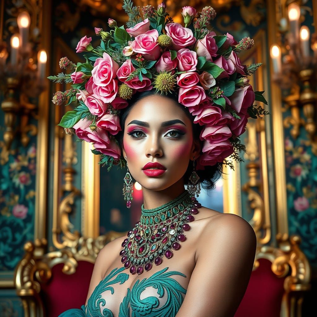 Ethereal Fashion Model in Whimsical Floral Headdress, Remini...
