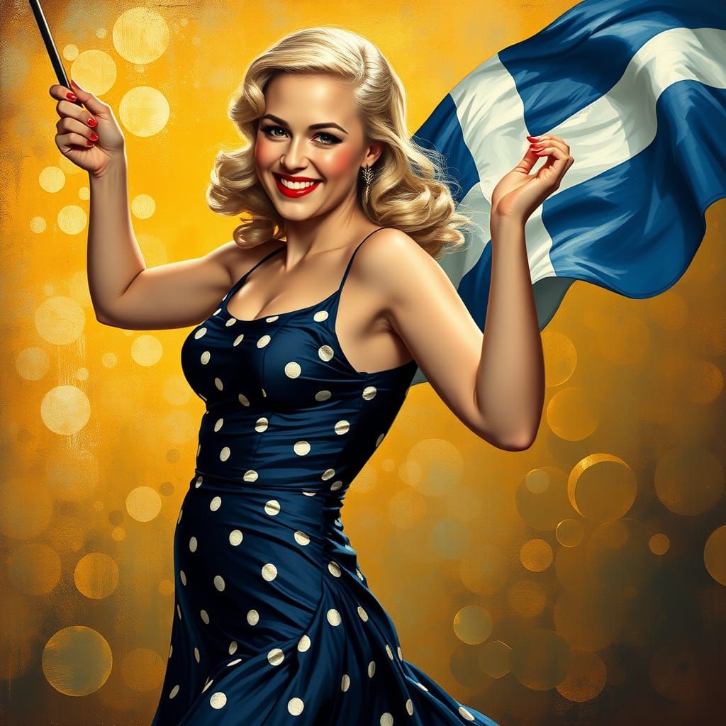 Golden Goddess in Dark Blue Polka Dot Dress, Dancing with Fi...