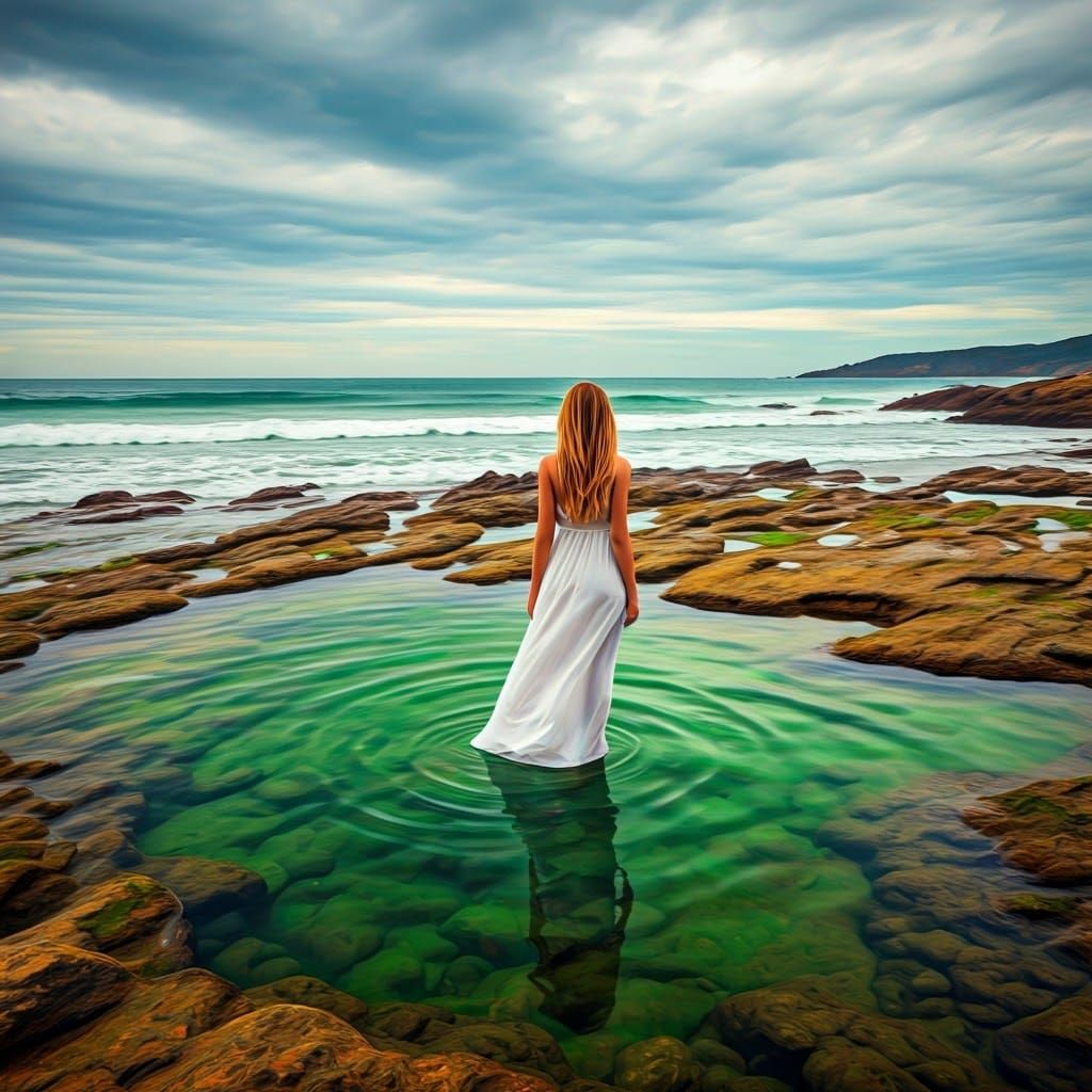 Serene Goddess at Mystical Rock Pools on a Cloudy Beach