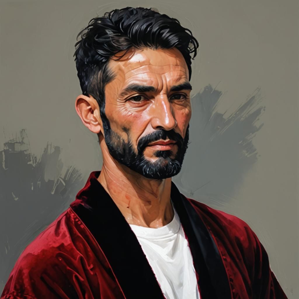 Cheerful Man in Red Velvet Bathrobe, Impressionist Oil Paint...