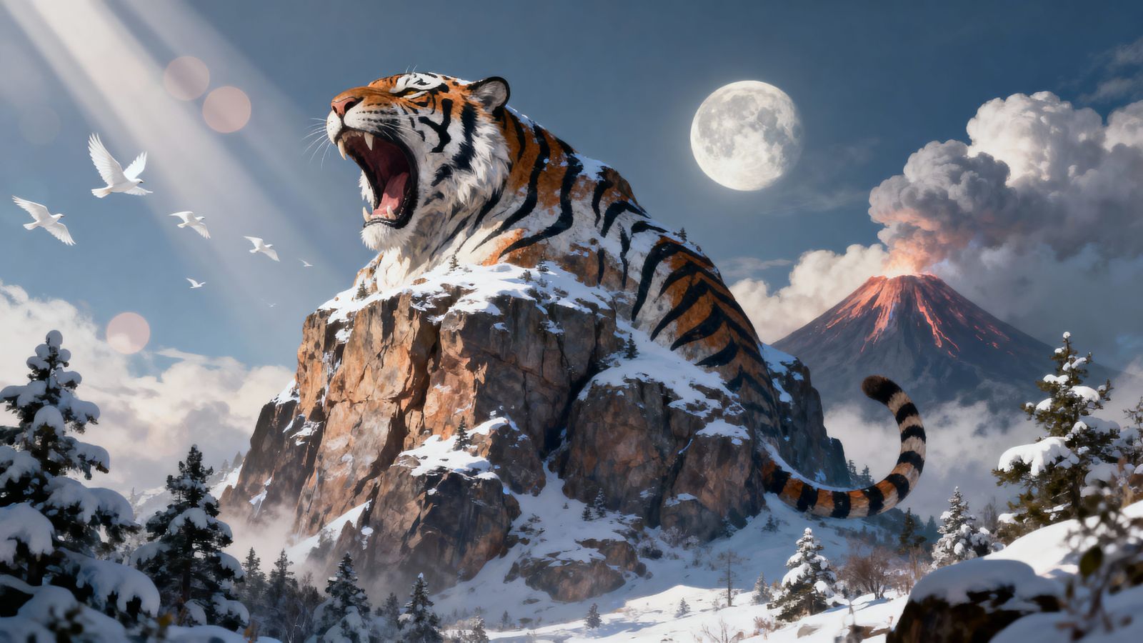 Hypermaximalist Digital Painting of a Tiger-Shaped Mountain