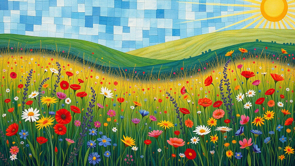 Vibrant Summer Meadow in Whimsical, Hand-Stitched Quilt Styl...