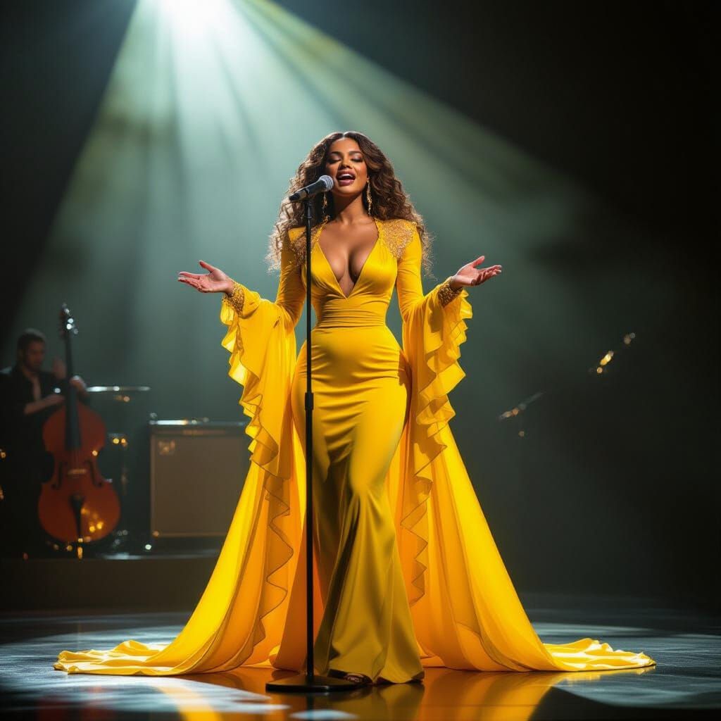 Glamorous Singer in Yellow Shines on Stage