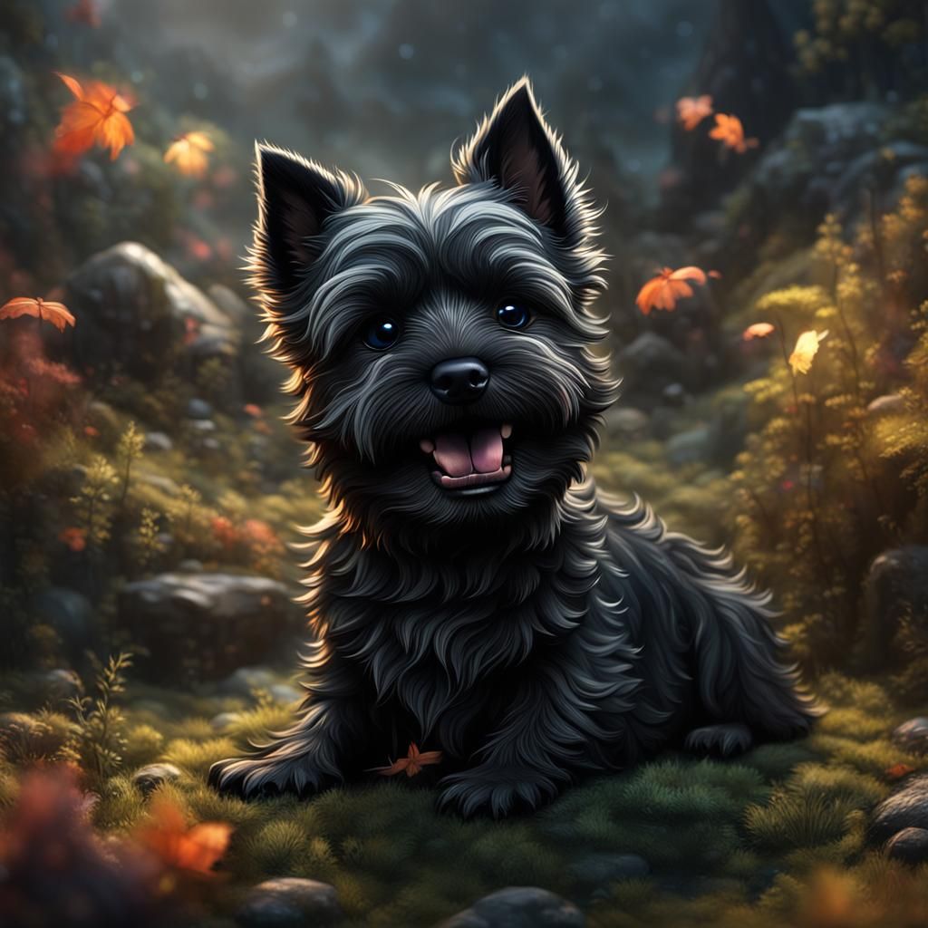 Smiling Black Baby Cairn Terrier in Detailed Matte Painting