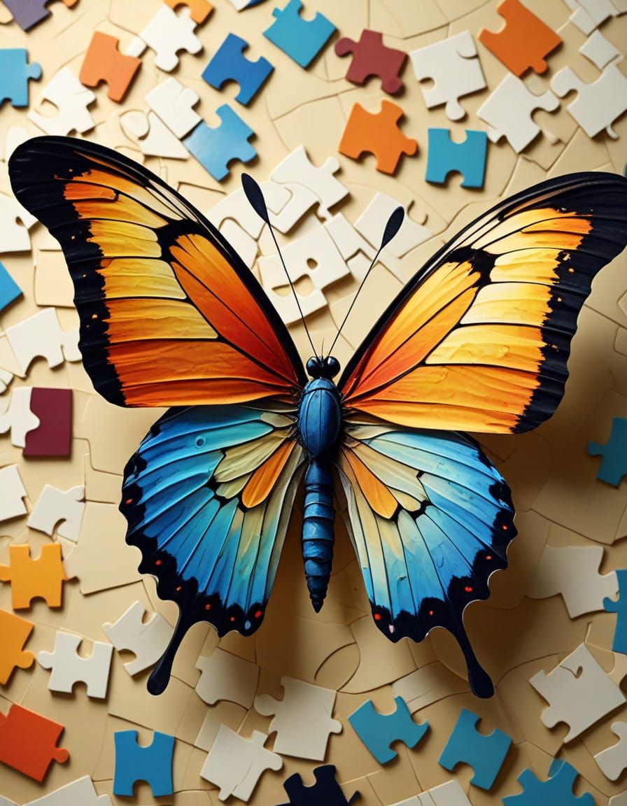 Whimsical Butterfly in Flight with Puzzle Piece Wings and Fi...