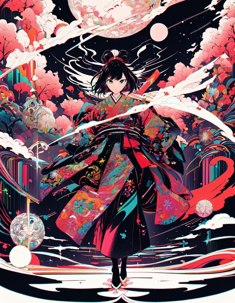 Vibrant Female Samurai in Blossoming Fantasy