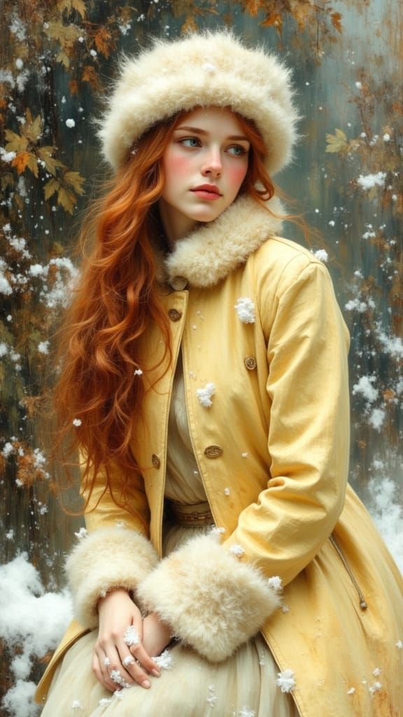 Ethereal Edwardian Woman in Snowy Garden: Oil Painting