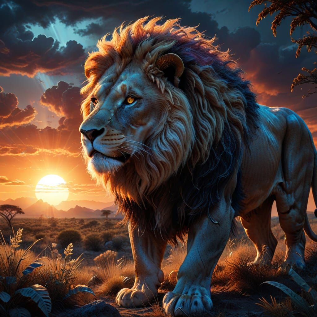 Majestic Lion on Alien Savanna Under Binary Sunset