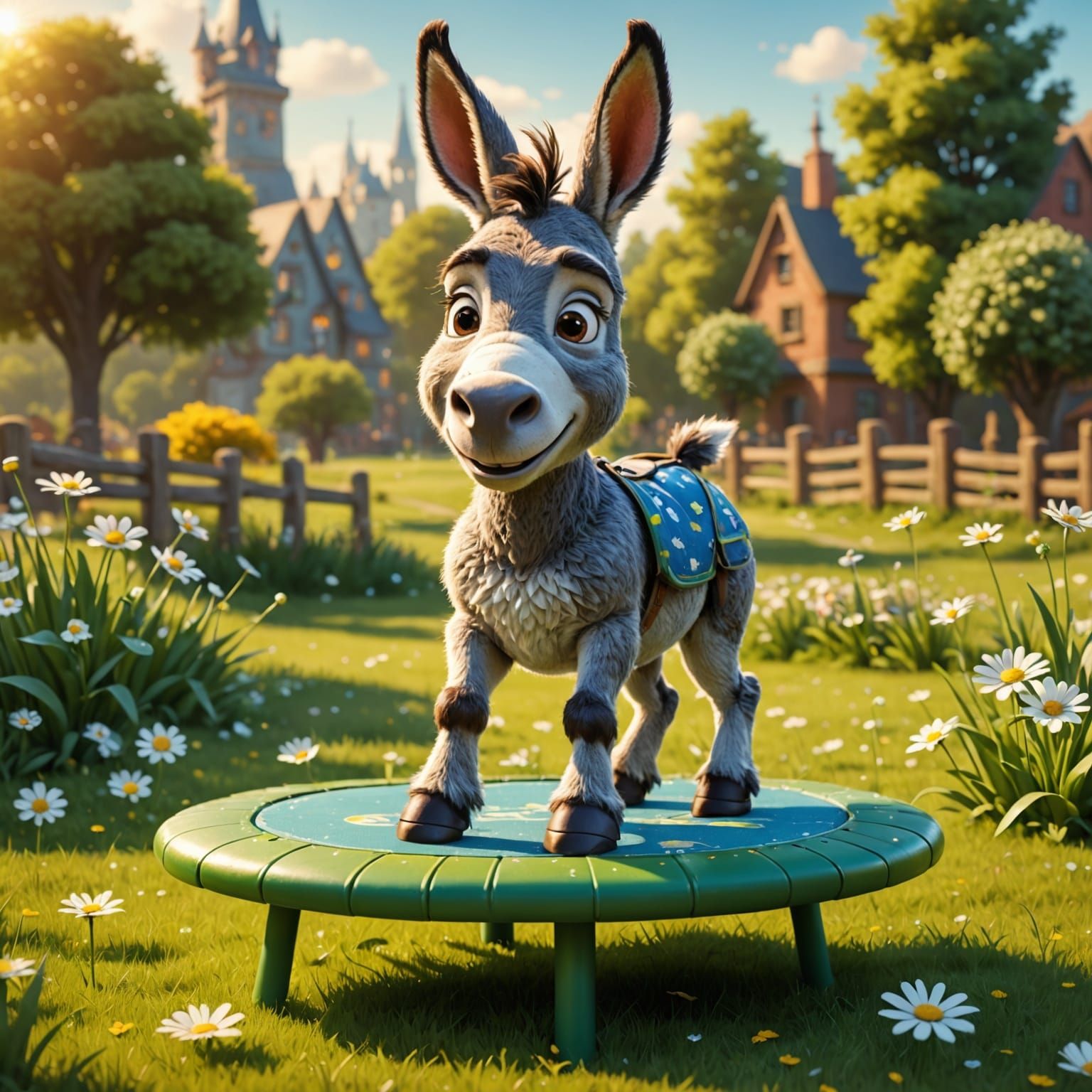 Tiny Cartoon Donkey Bounces on Miniature Trampoline in Whims...