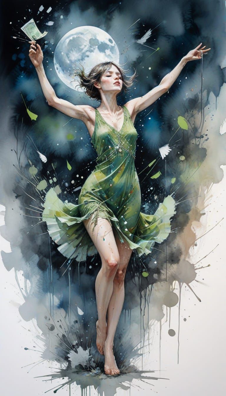 Flapper Throws Cash in Dramatic Watercolor Scene