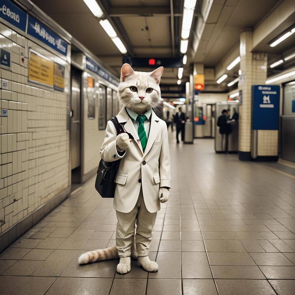 Anthropomorphic Cat Commuting in Subway Station