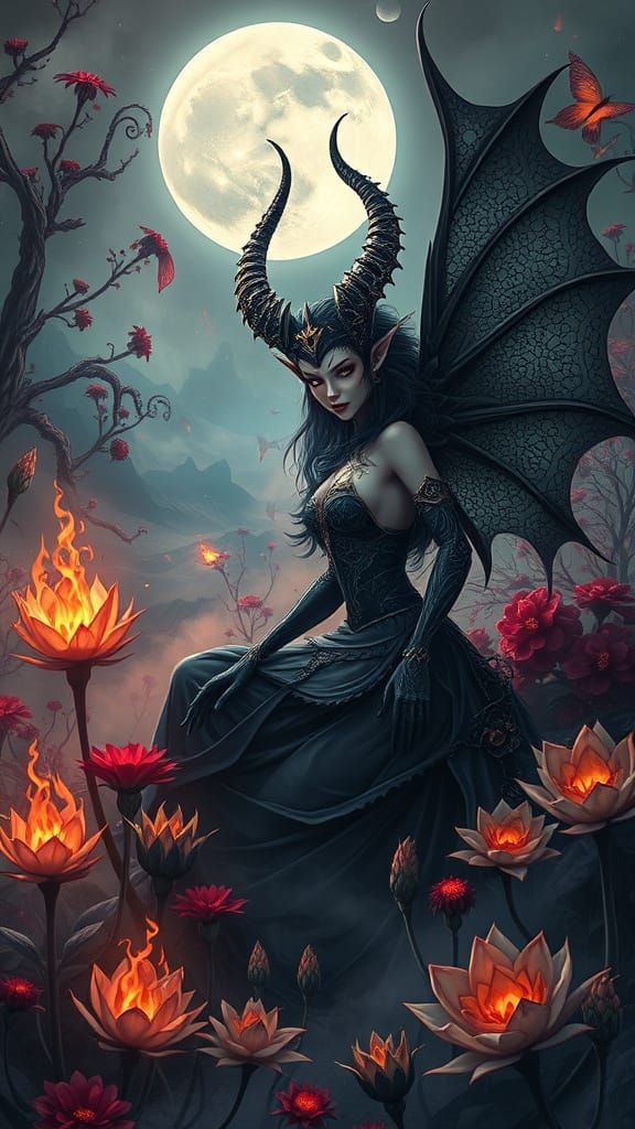 Surreal Queen of Succubi Amidst Dark Botanicals and Golden A...
