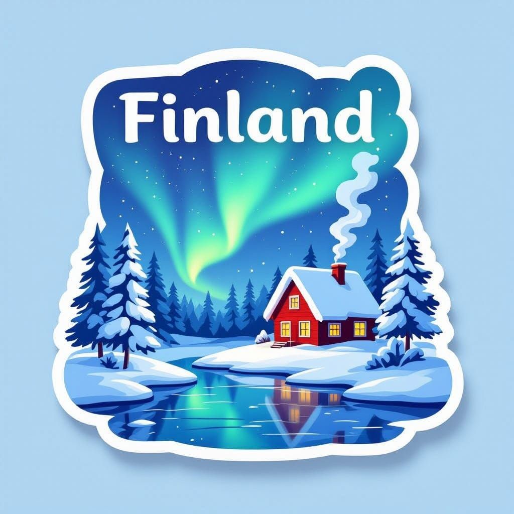 Finland Travel Sticker: Cozy Cottage & Northern Lights
