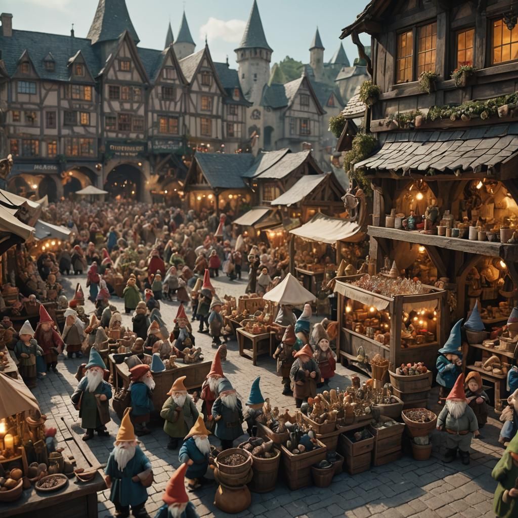 Magical Gnome Marketplace with Fairies in Anime Style
