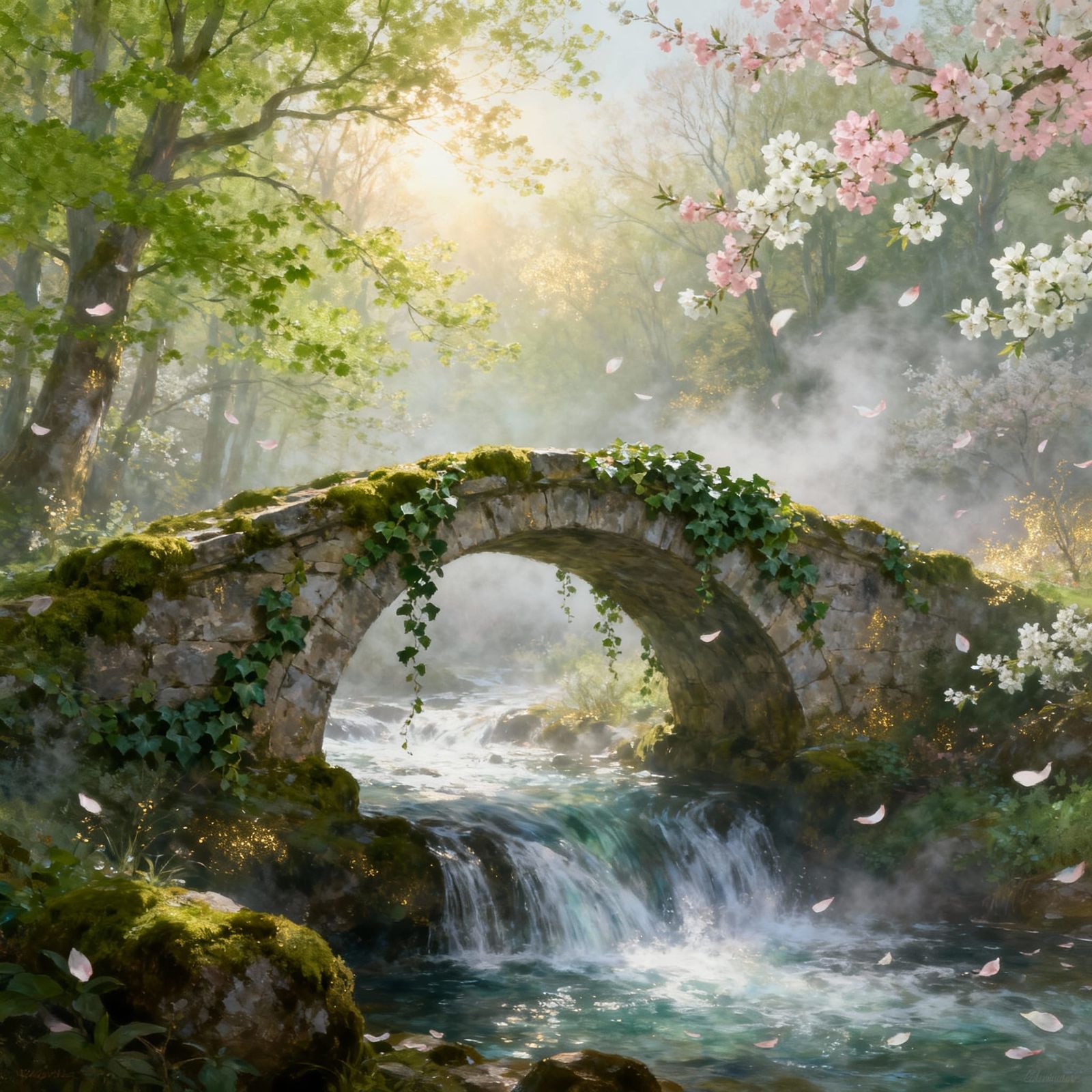 Weathered Stone Bridge in Spring Forest