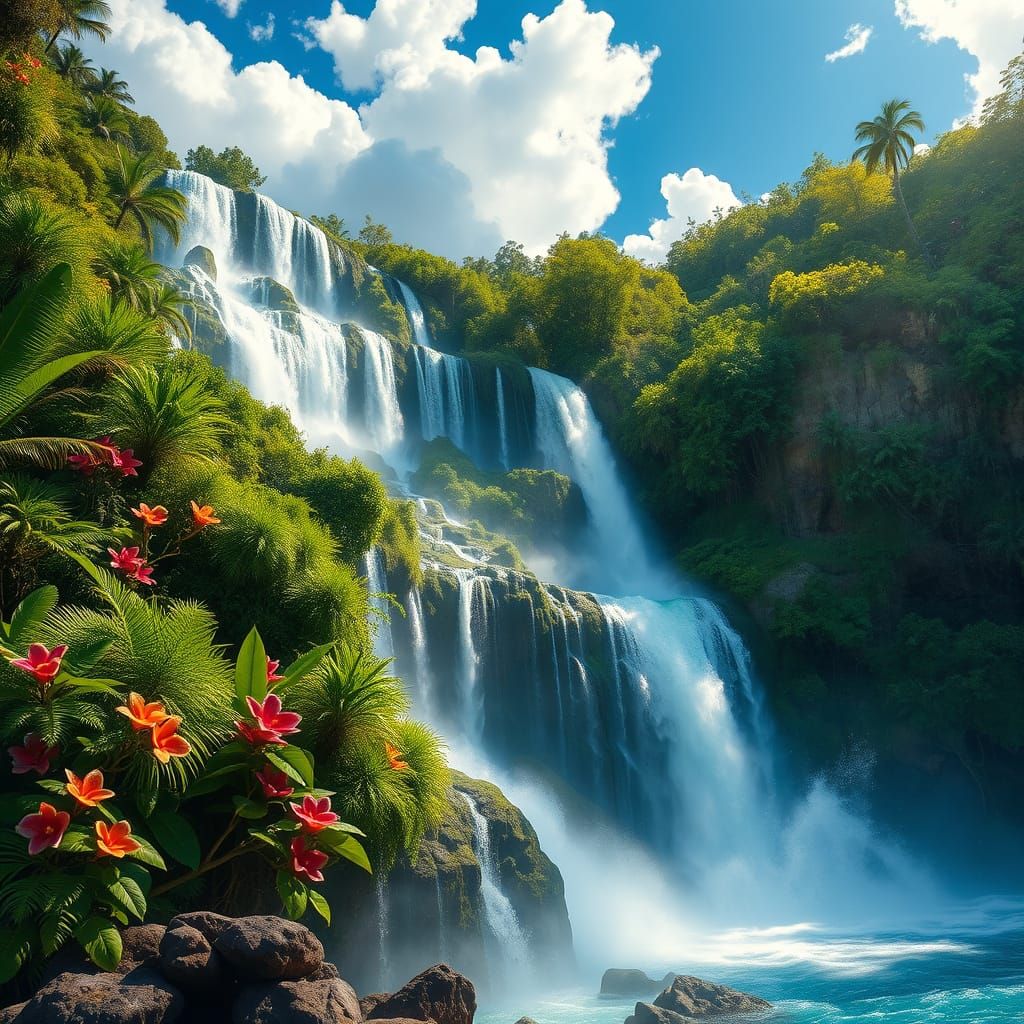 Majestic Tropical Waterfall in Photorealistic Style