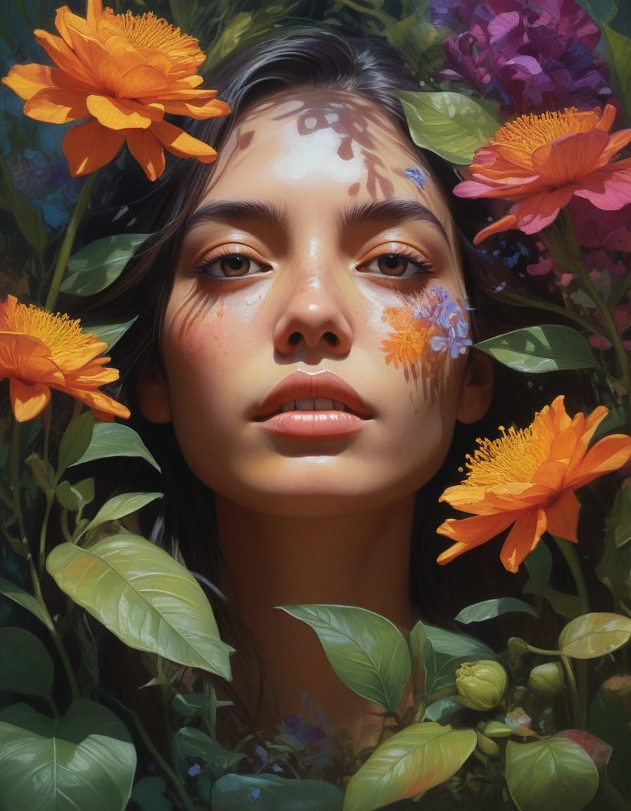 Woman Surrounded by Blooming Florals in Vibrant, Hyper-Reali...