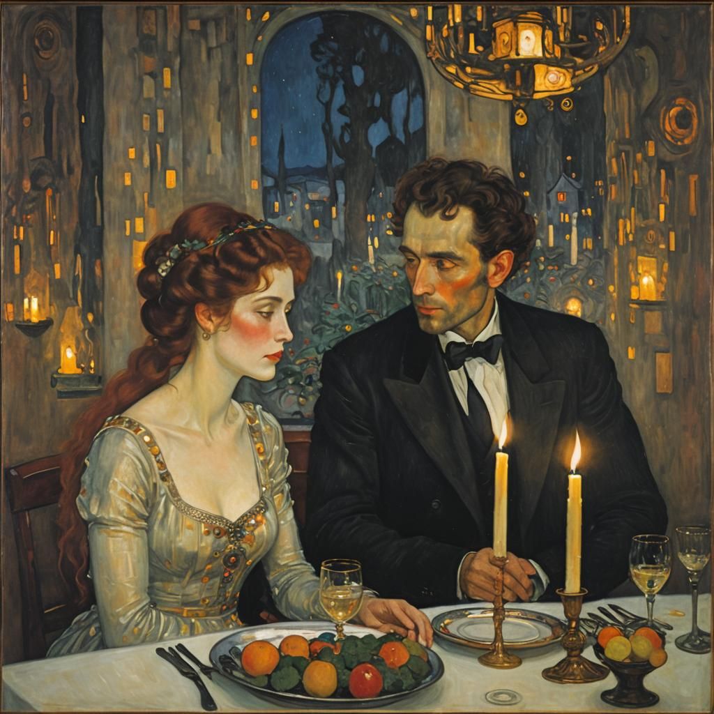 Romantic Dinner in Gustav Klimt Style
