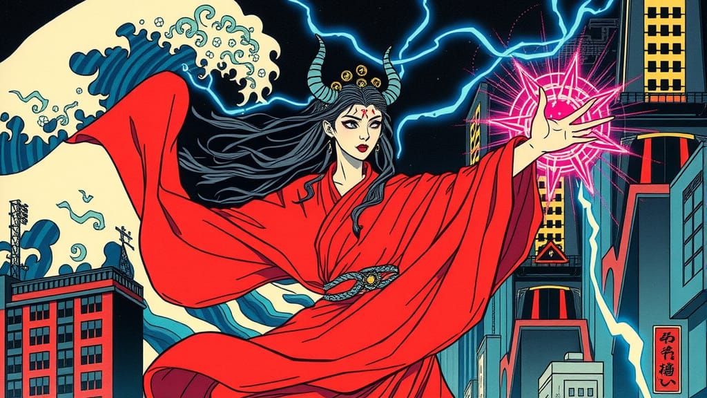 Mythical Sorceress Conjures Urban Energy in Ukiyo-e Style