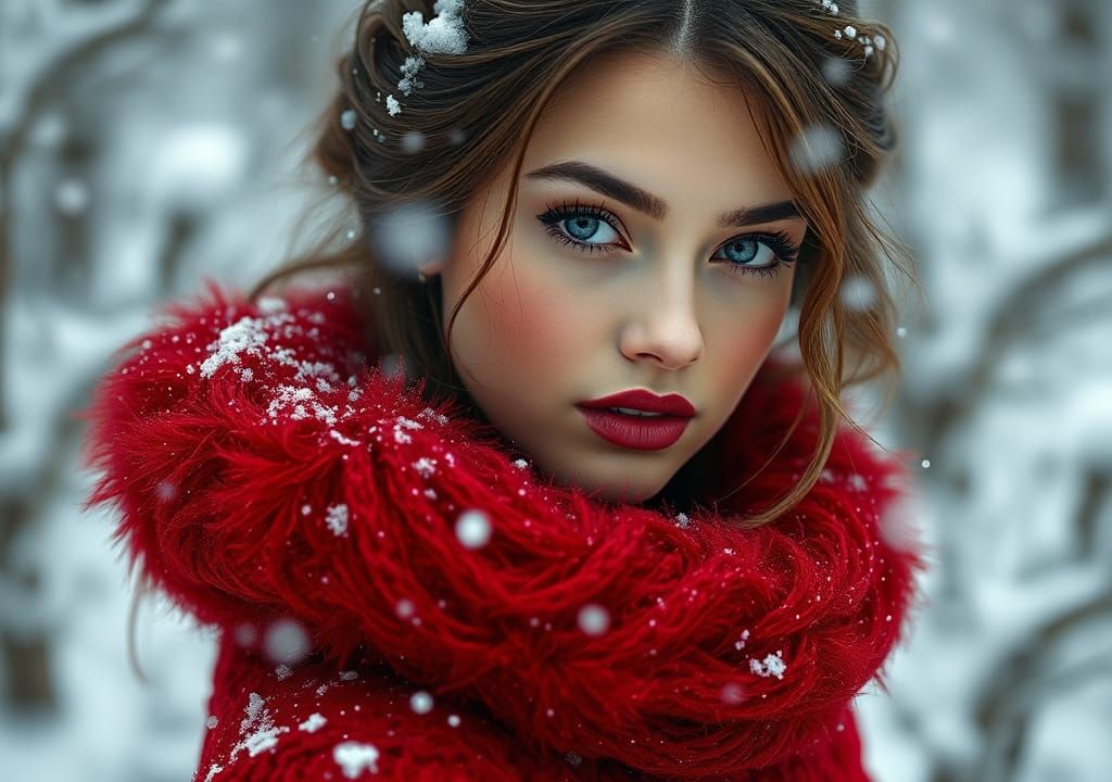 Gorgeous Woman in Red Outfit in Snow