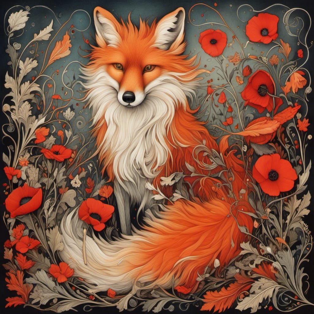 Red Fox in Poppies Watching Autumn Leaves