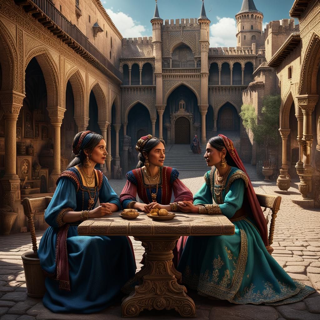 Gypsy Women Chatting at Alcazar, Fantasy Concept Art