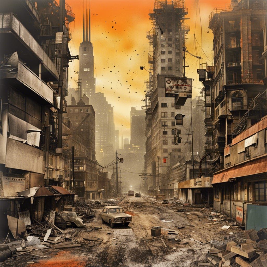 Post-Apocalyptic Cityscape in Mixed Media Collage