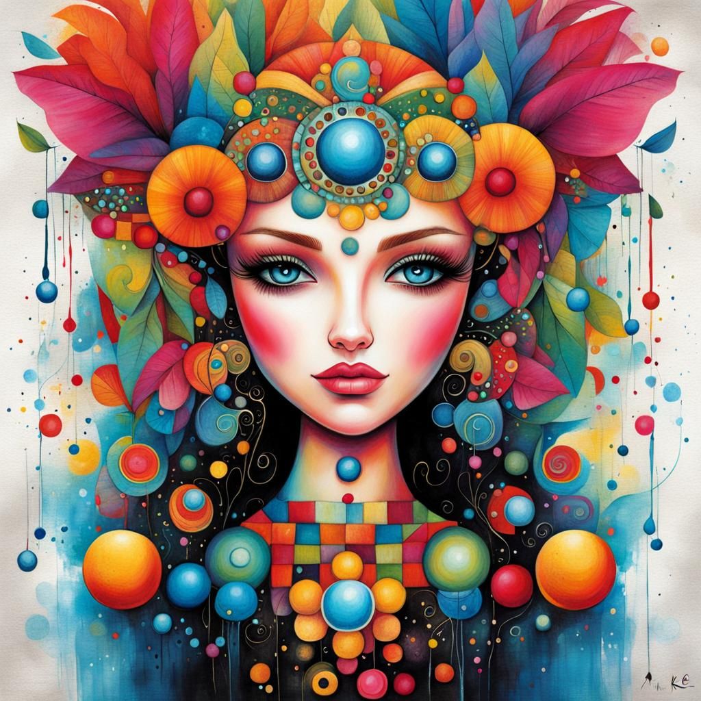 Whimsical Ink Portrait in Naive Art Style