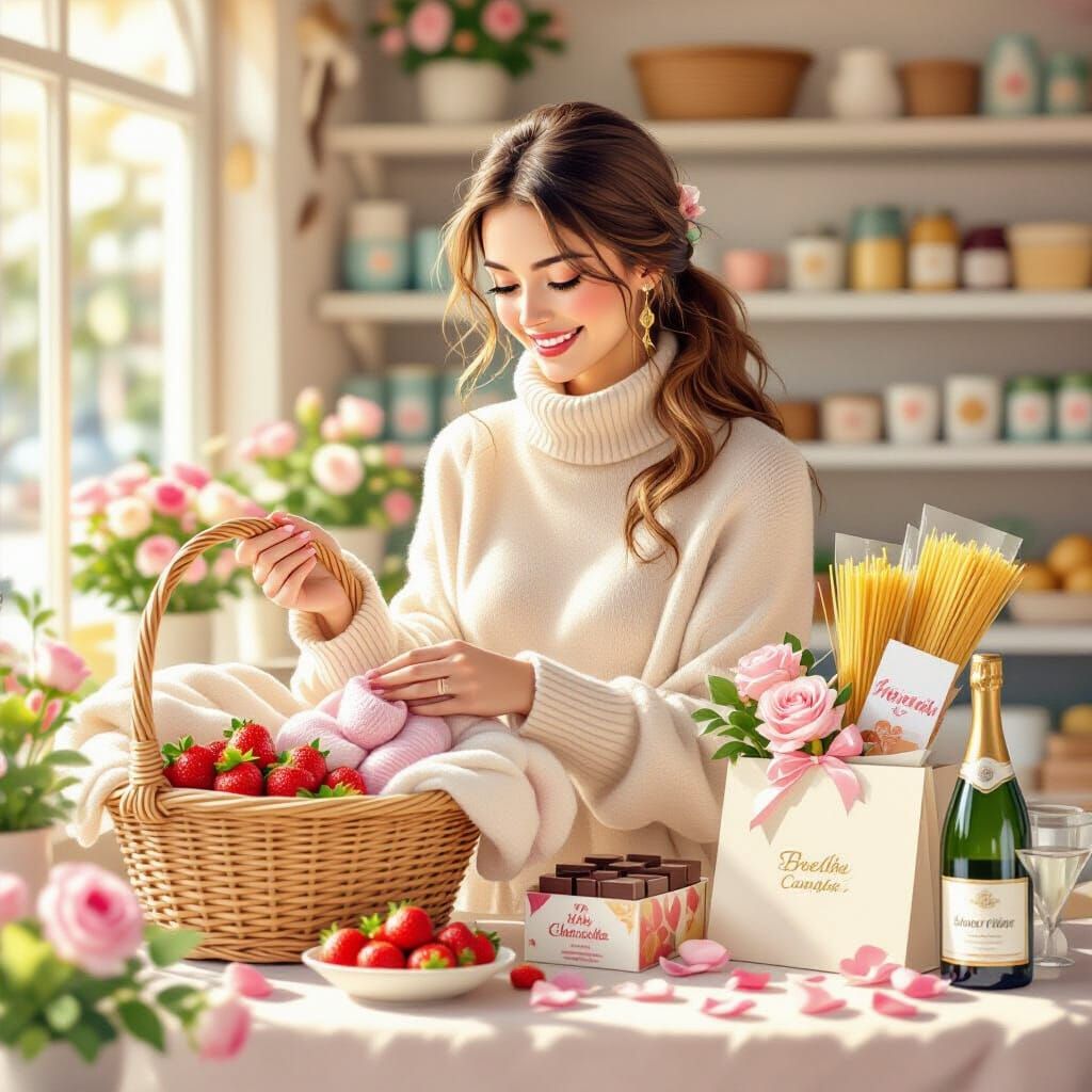 Woman Shopping for Cozy Gifts in Watercolor Style