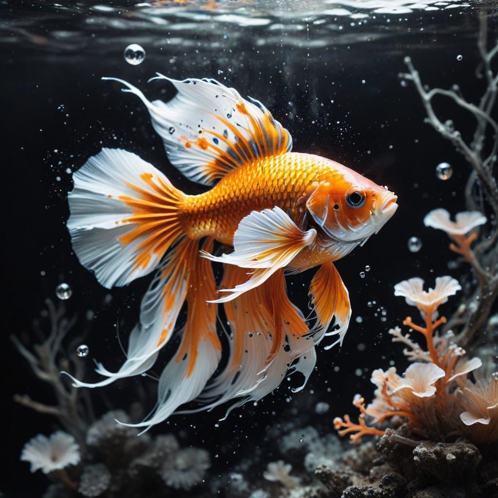 Orange Siamese Fighting Fish in Black and White Reef
