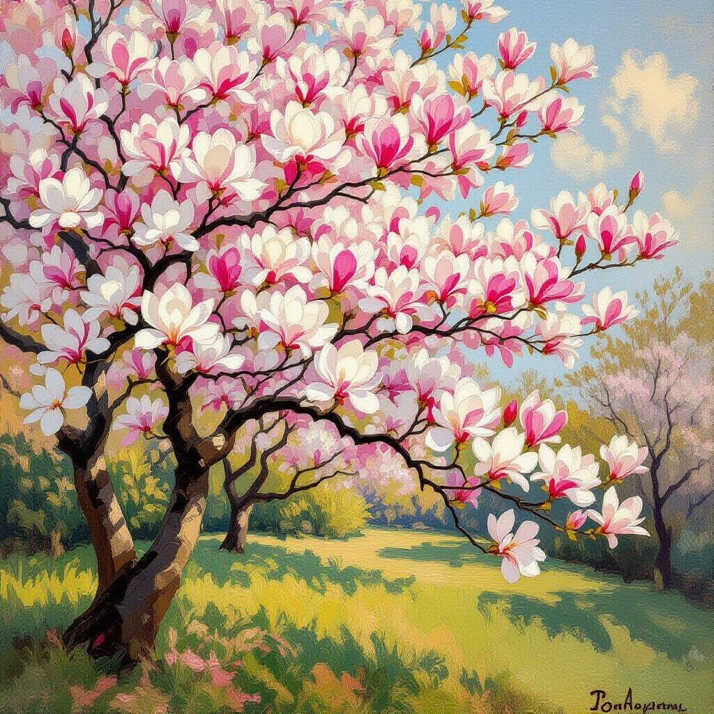Magnolia Trees in Bloom: Impressionist Floral Art