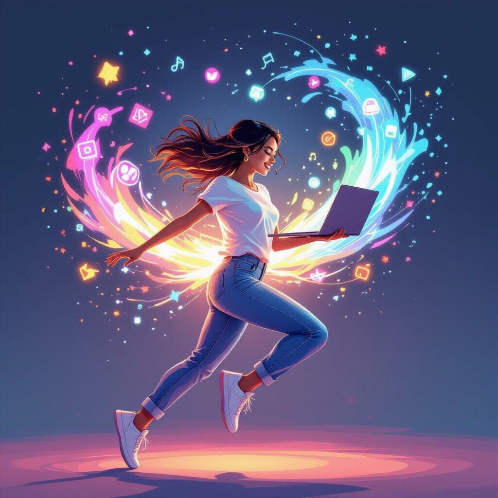 Woman Dancing and Typing Amidst Digital Symbols