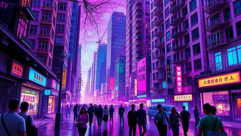 Psychedelic Glitch Hologram Street Scene in Poster Art Style