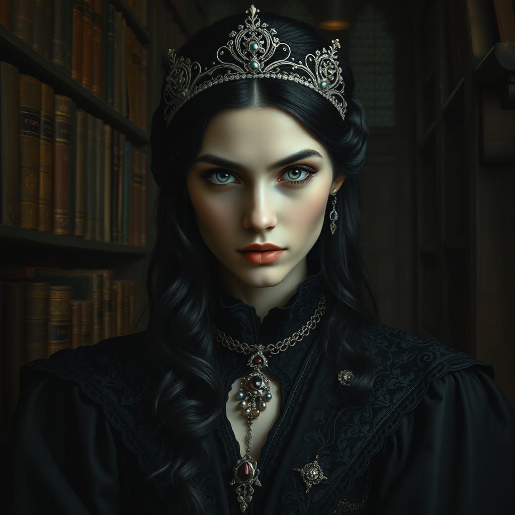 Enigmatic Woman in Renaissance Library with Blue Eyes
