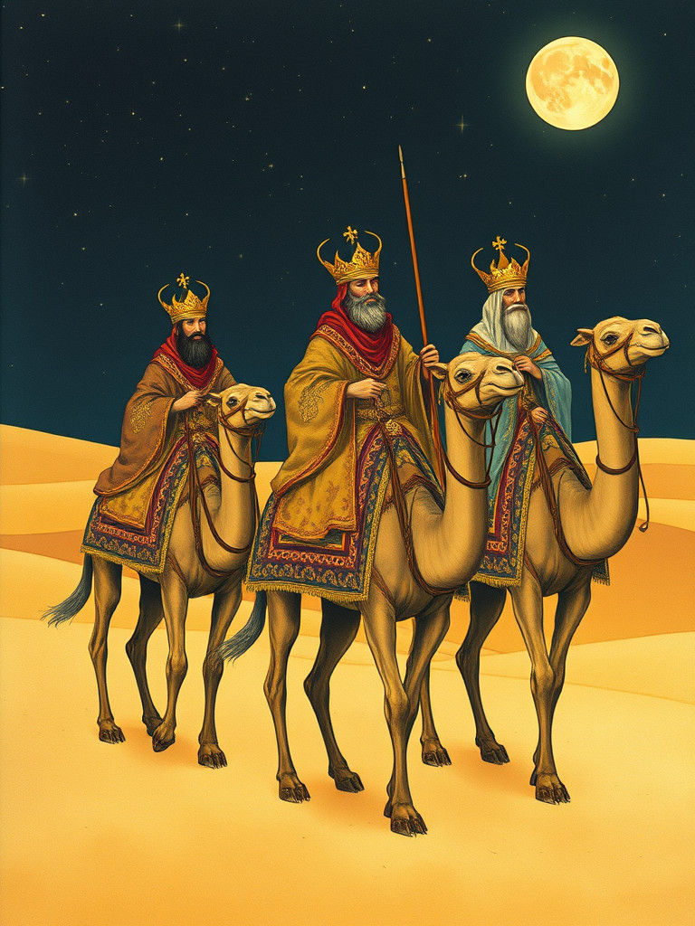 Three Wise Kings Journey Through Starry Desert Night