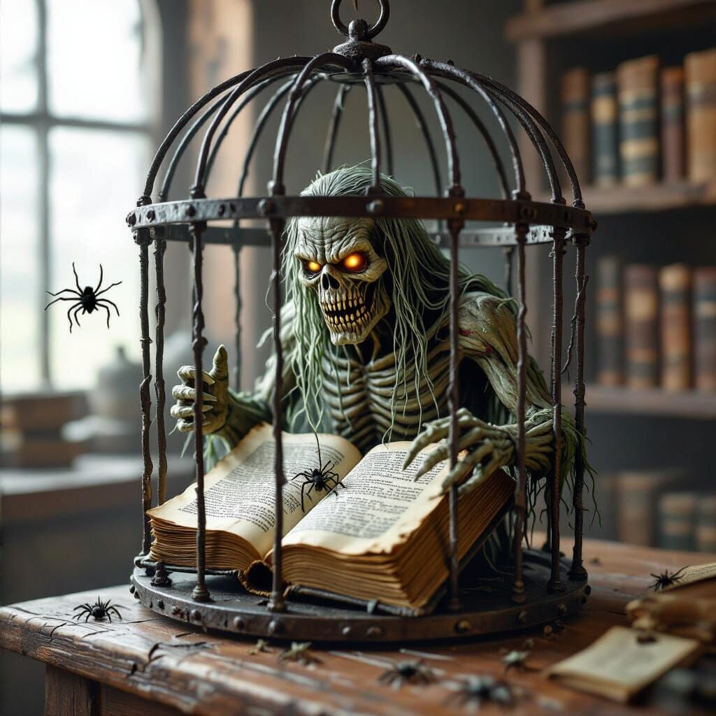 Undead Book Creature Escapes Iron Cage in Nordic Fantasy Art