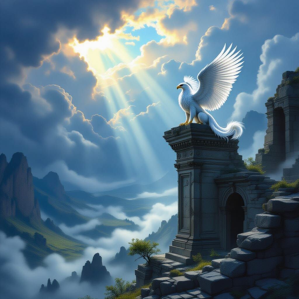 Majestic Griffin Surveys Misty Valley in Epic Painterly Styl...