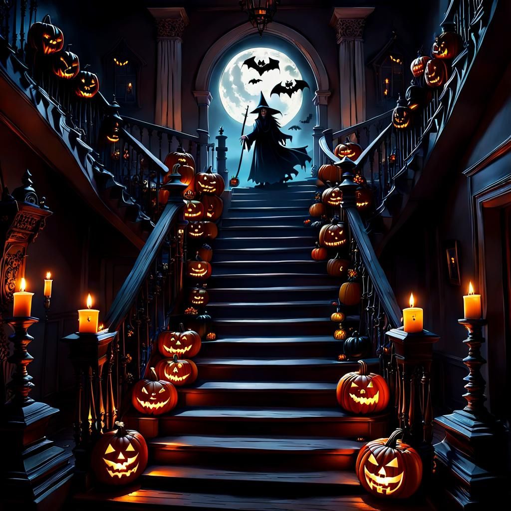 Haunted Mansion with Ghosts and Halloween Decorations
