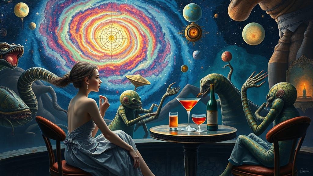 Cosmic Cafe: A Surreal Scene in Maximalist Style
