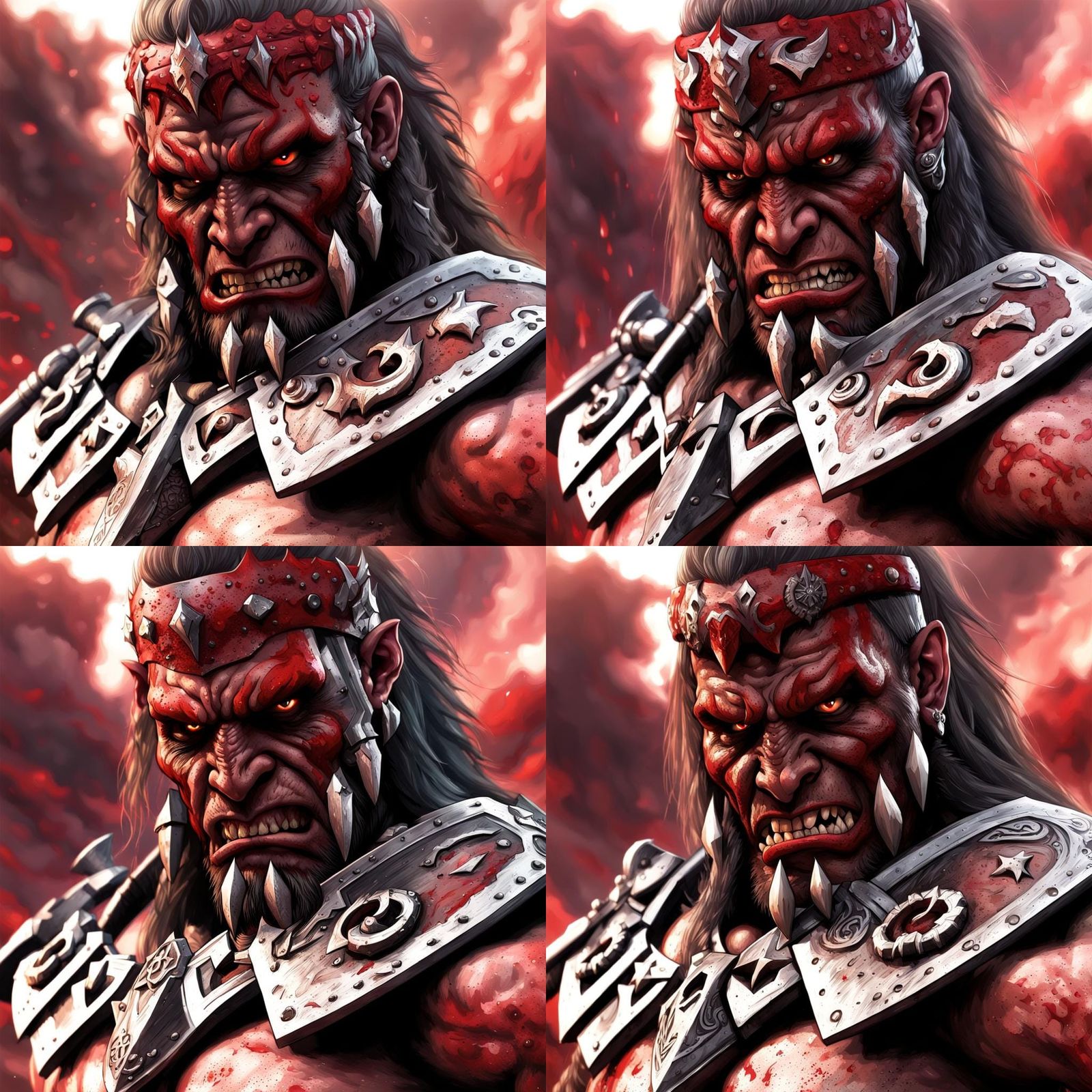 Red Orc Barbarian in Bloody Battlefield, Dark Fantasy Art