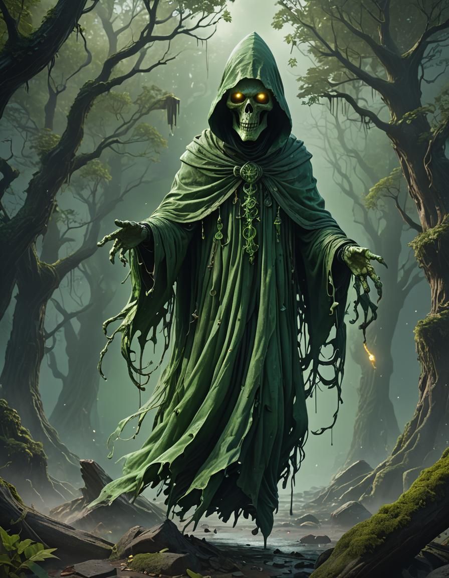 a green ghoast with a skaloton head with a scrap of cloathing it floats DECENTLY above the ground