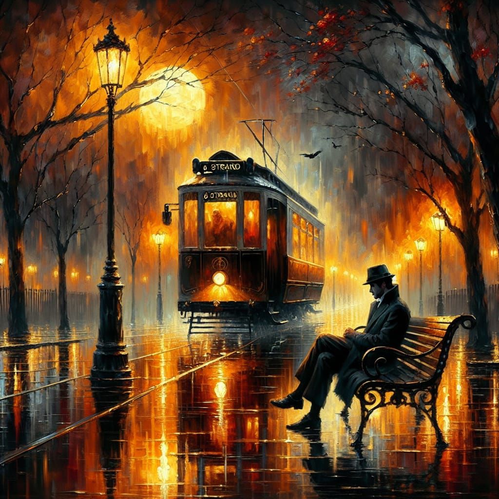 A romantic and melancholic painting of a rainy evening in a vintage city street.