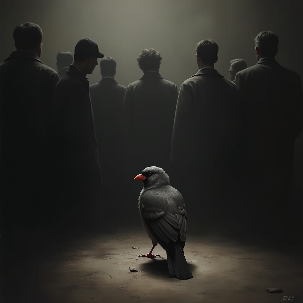 Gray Cardinal Observes People: Classical Art Style