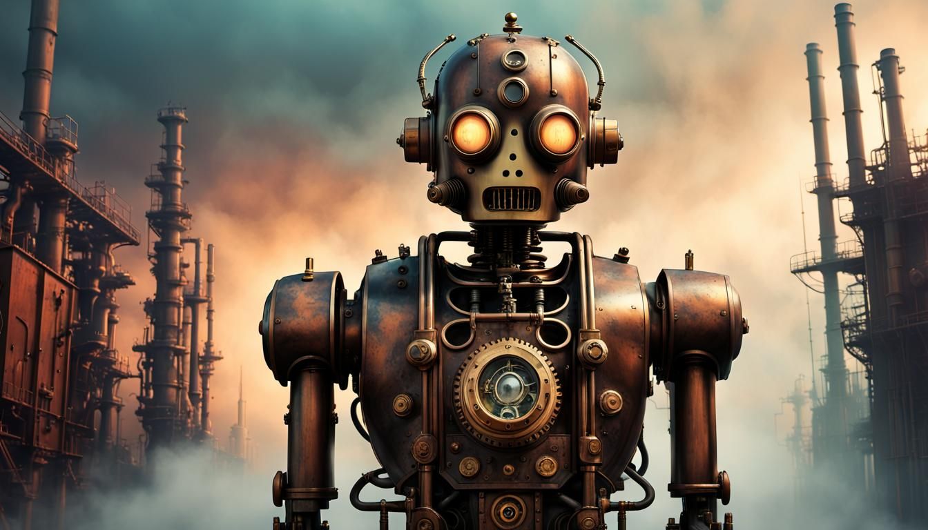 Surreal Steampunk Robot in Cosmic Cityscape