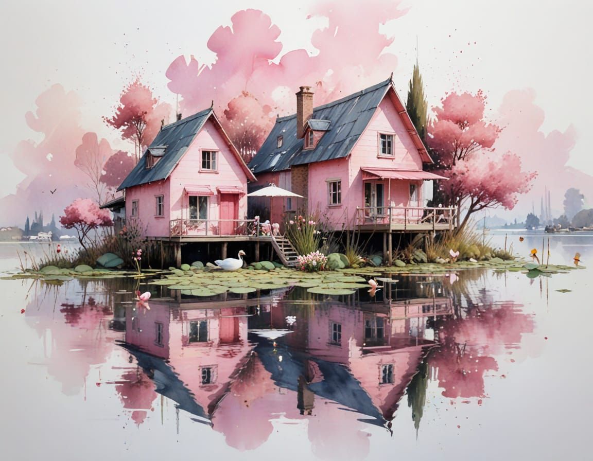 Floating Village on Lily Pads in Watercolour