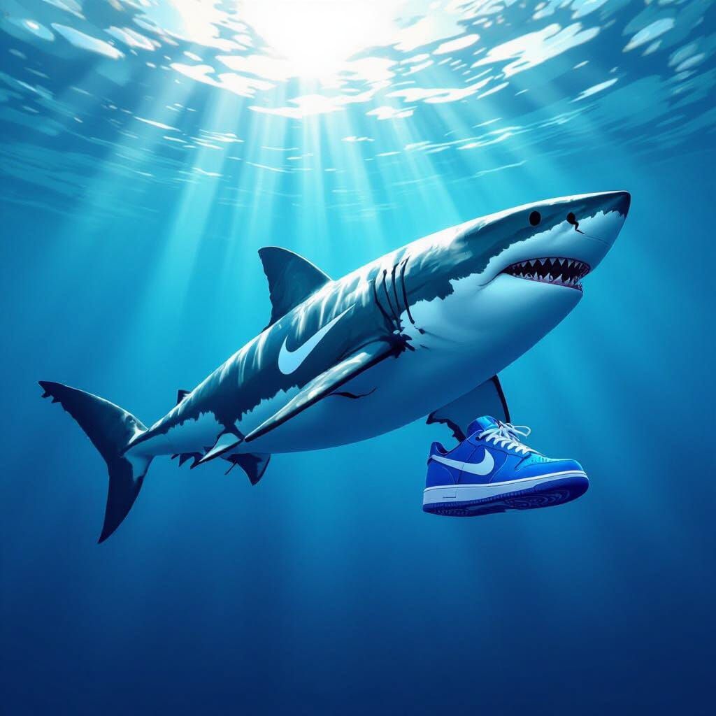 Great White Shark Wearing Blue Nikes in Deep Ocean