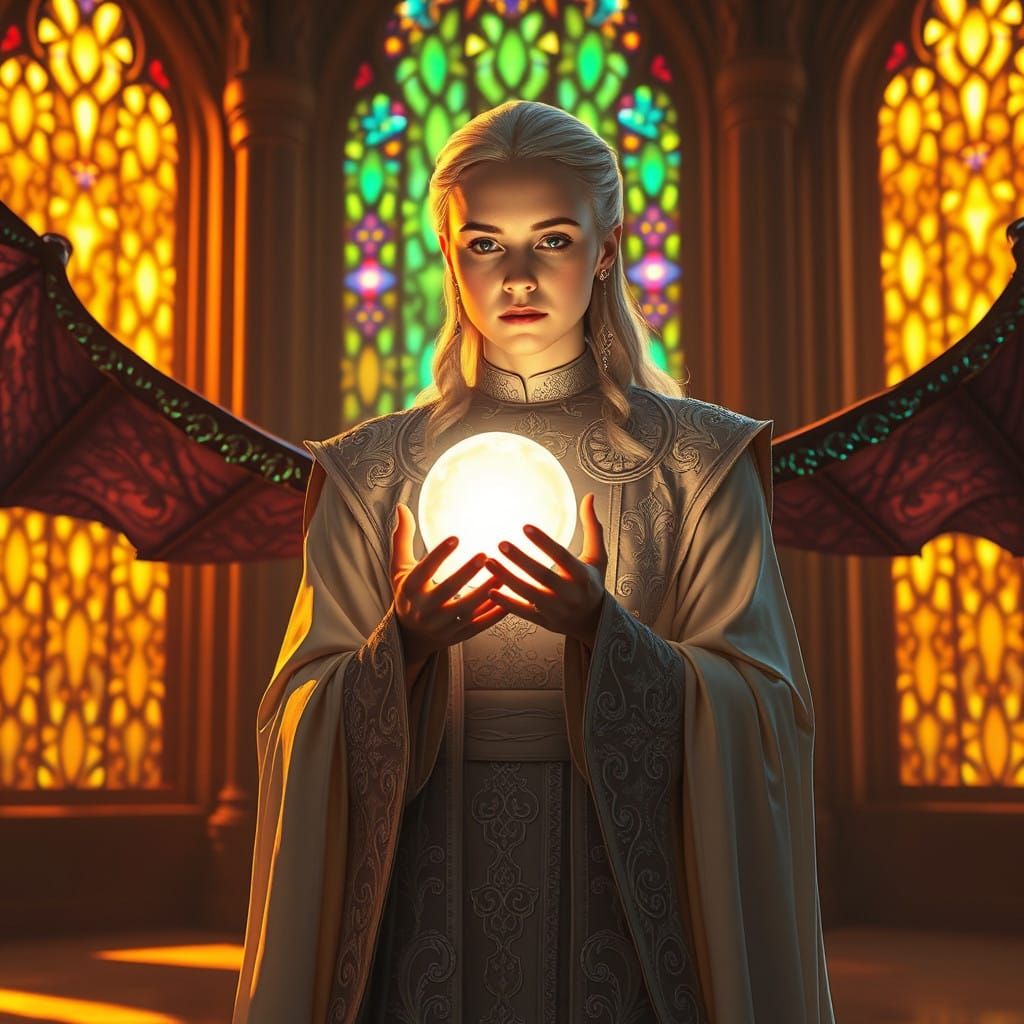 Ethereal Queen of the Targaryens Surrounded by Majestic Drag...