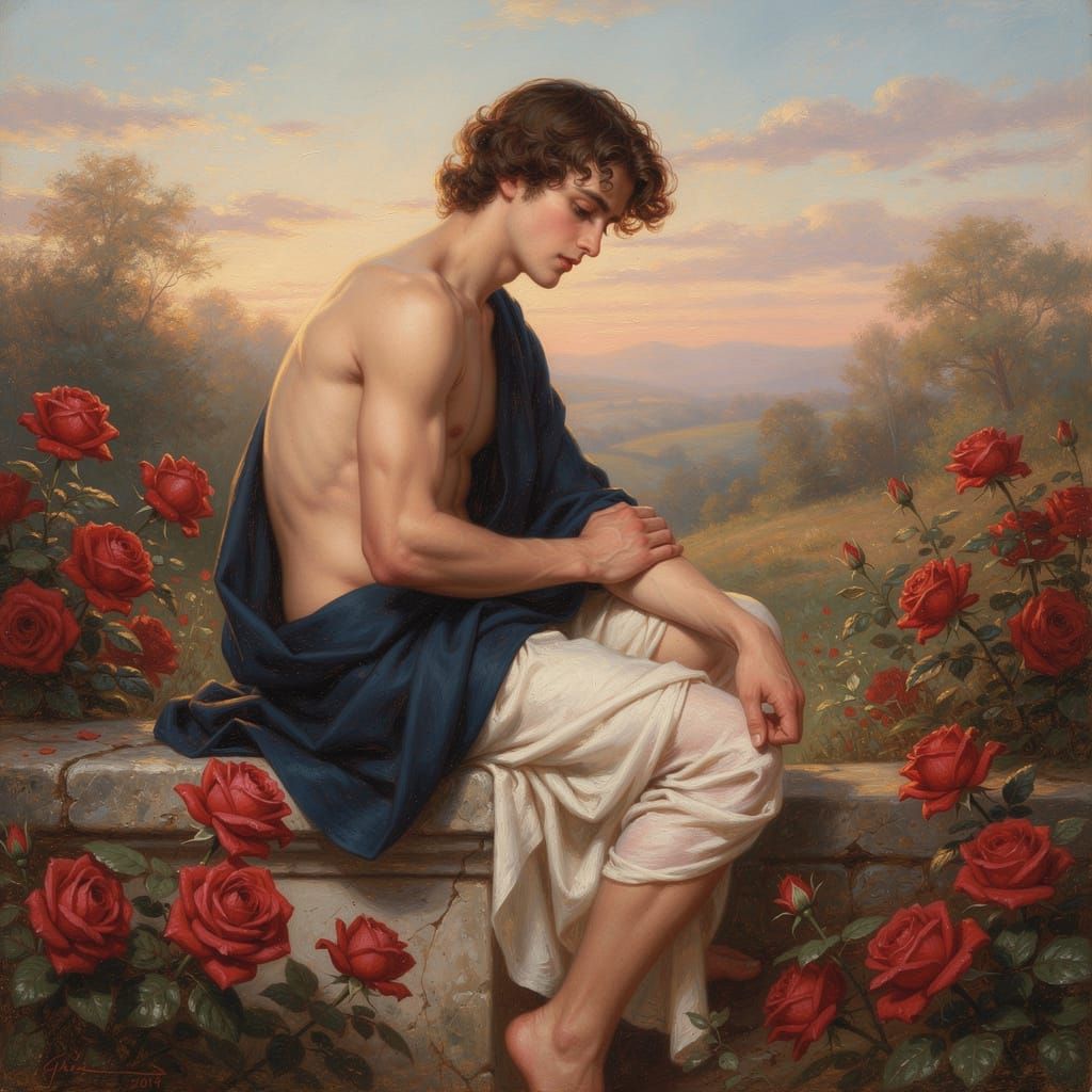 Young Man Draped in Cloth Amidst Roses